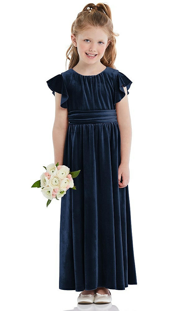 Front View - Midnight Navy Ruched Flutter Sleeve Velvet Flower Girl Dress with Sash