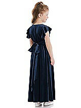 Rear View Thumbnail - Midnight Navy Ruched Flutter Sleeve Velvet Flower Girl Dress with Sash