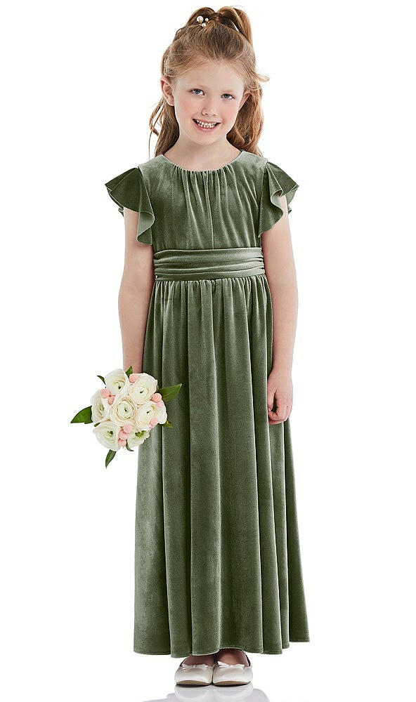 Front View - Sage Ruched Flutter Sleeve Velvet Flower Girl Dress with Sash