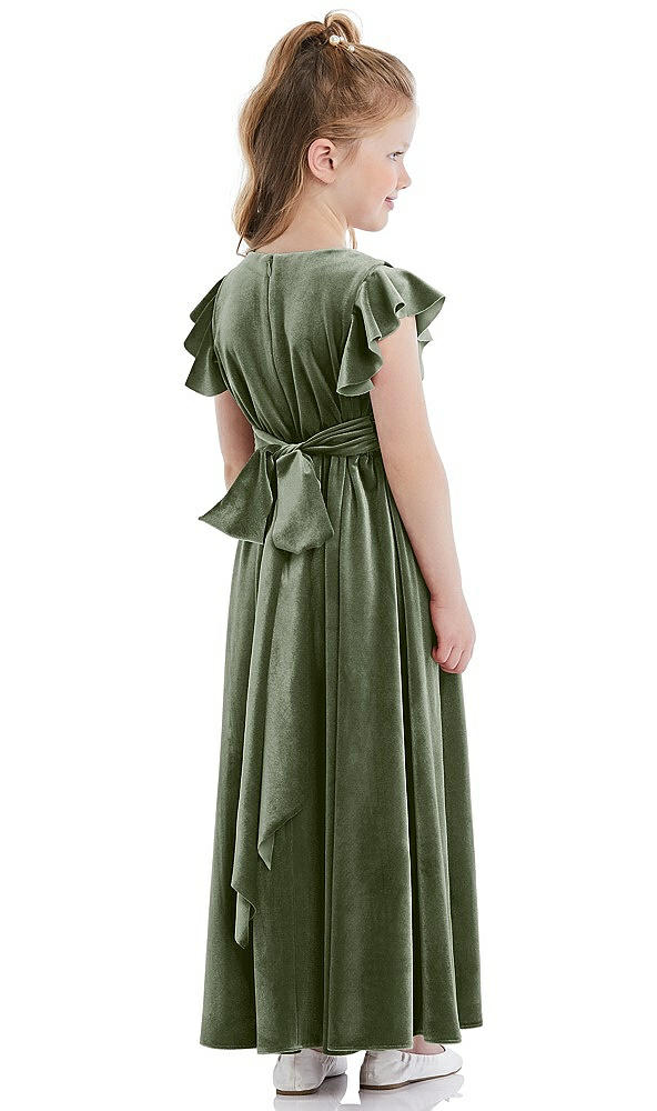 Back View - Sage Ruched Flutter Sleeve Velvet Flower Girl Dress with Sash