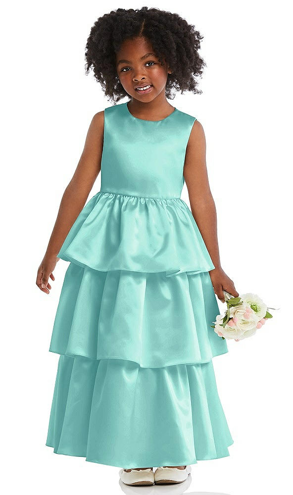 Front View - Coastal Jewel Neck Tiered Skirt Satin Flower Girl Dress