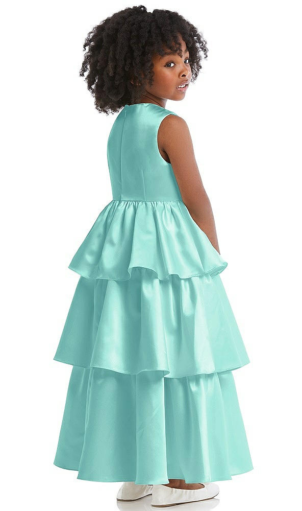 Back View - Coastal Jewel Neck Tiered Skirt Satin Flower Girl Dress