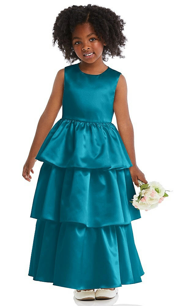 Front View - Oasis Jewel Neck Tiered Skirt Satin Flower Girl Dress