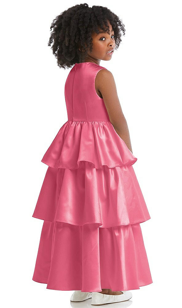 Back View - Punch Jewel Neck Tiered Skirt Satin Flower Girl Dress