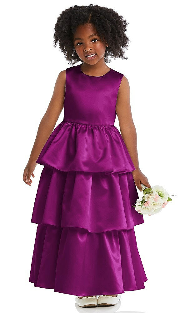 Front View - Persian Plum Jewel Neck Tiered Skirt Satin Flower Girl Dress