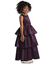 Side View Thumbnail - Aubergine Jewel Neck Tiered Skirt Satin Flower Girl Dress