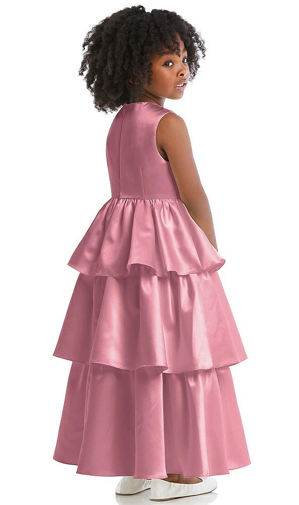 Back View - Carnation Jewel Neck Tiered Skirt Satin Flower Girl Dress