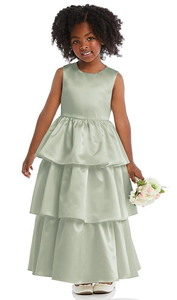 Front View - Celadon Jewel Neck Tiered Skirt Satin Flower Girl Dress