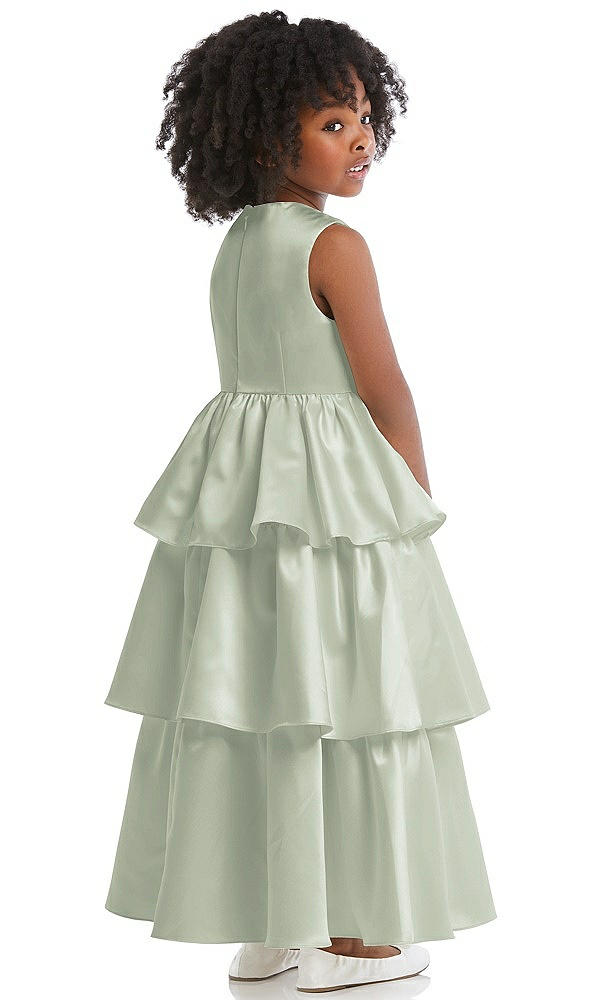 Back View - Celadon Jewel Neck Tiered Skirt Satin Flower Girl Dress