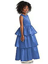 Side View Thumbnail - Cornflower Jewel Neck Tiered Skirt Satin Flower Girl Dress