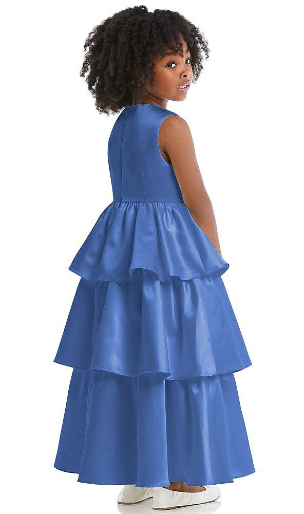 Back View - Cornflower Jewel Neck Tiered Skirt Satin Flower Girl Dress