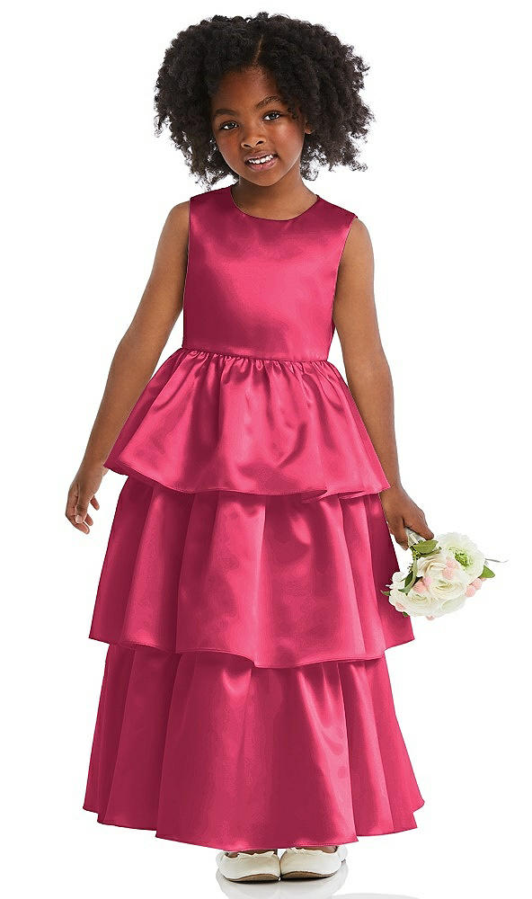 Front View - Pantone Honeysuckle Jewel Neck Tiered Skirt Satin Flower Girl Dress