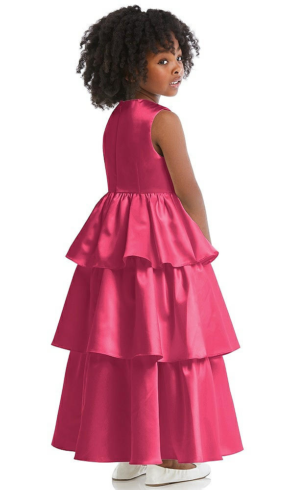 Back View - Pantone Honeysuckle Jewel Neck Tiered Skirt Satin Flower Girl Dress