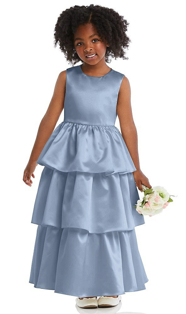 Front View - Cloudy Jewel Neck Tiered Skirt Satin Flower Girl Dress