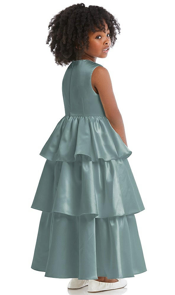 Back View - Icelandic Jewel Neck Tiered Skirt Satin Flower Girl Dress