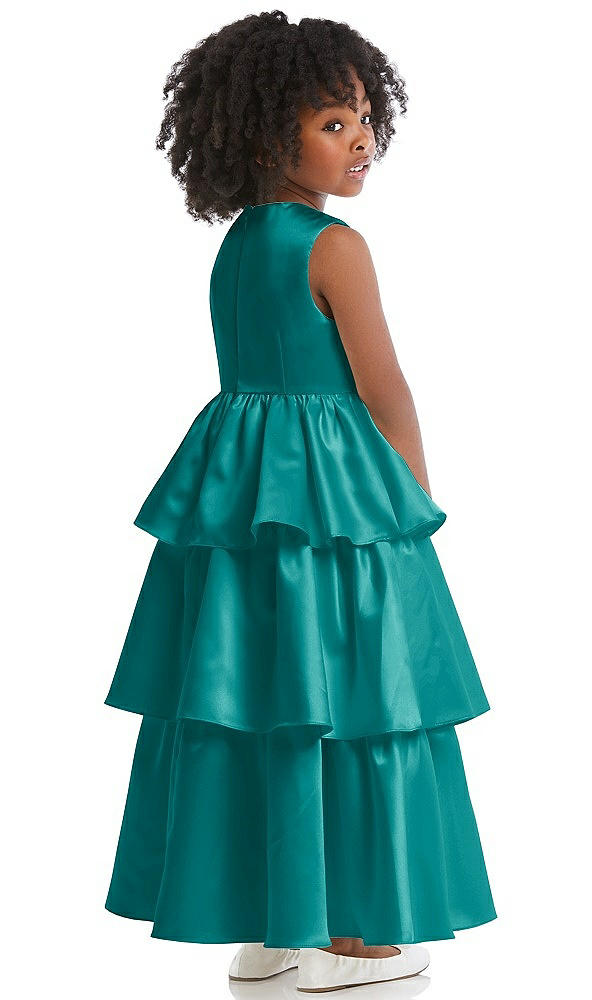 Back View - Jade Jewel Neck Tiered Skirt Satin Flower Girl Dress