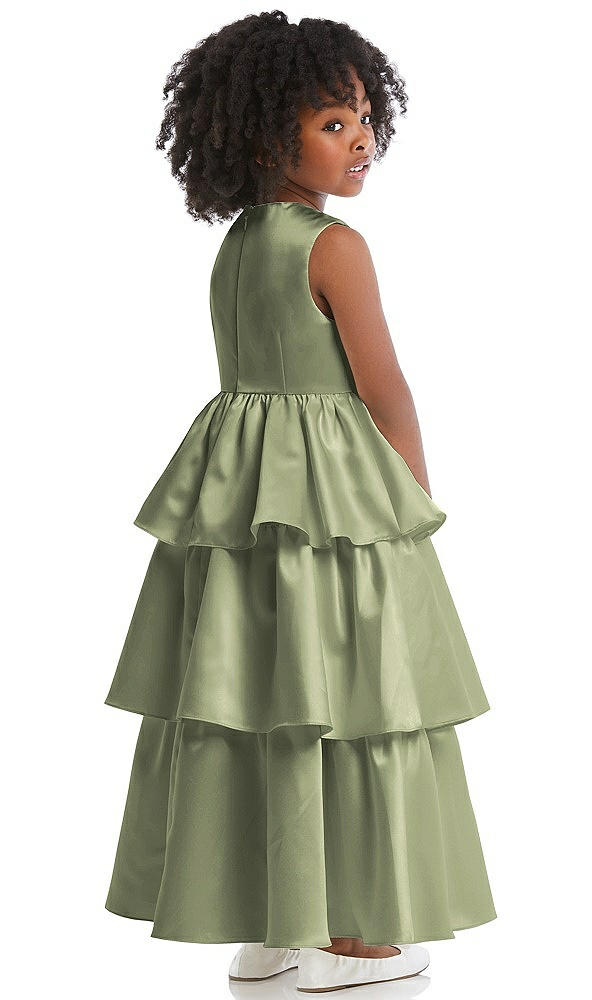 Back View - Kiwi Jewel Neck Tiered Skirt Satin Flower Girl Dress