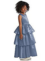 Side View Thumbnail - Larkspur Blue Jewel Neck Tiered Skirt Satin Flower Girl Dress