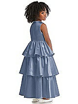 Rear View Thumbnail - Larkspur Blue Jewel Neck Tiered Skirt Satin Flower Girl Dress