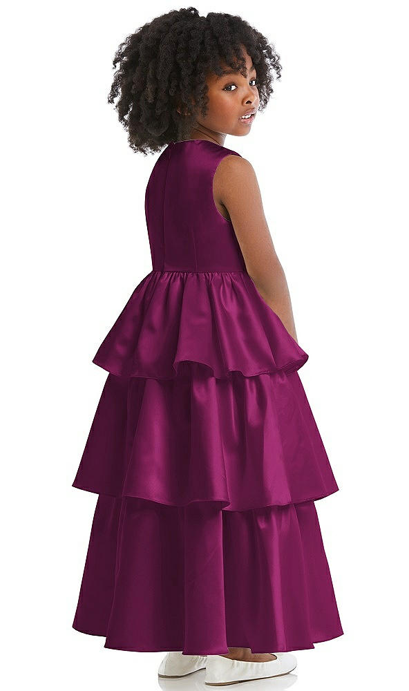 Back View - Merlot Jewel Neck Tiered Skirt Satin Flower Girl Dress