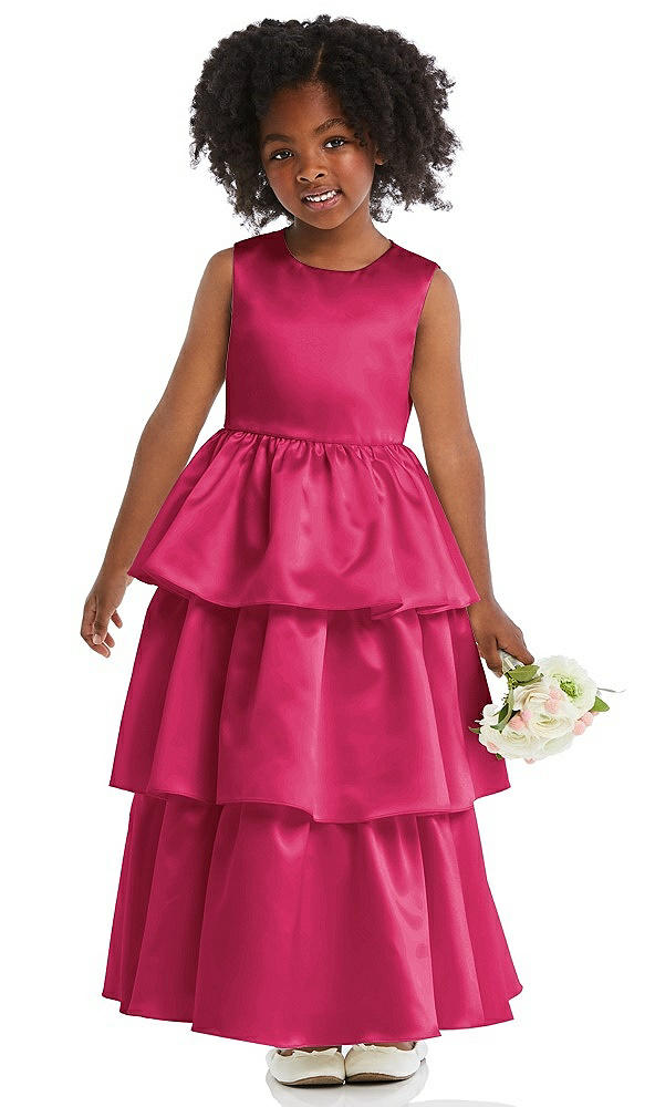 Front View - Posie Jewel Neck Tiered Skirt Satin Flower Girl Dress