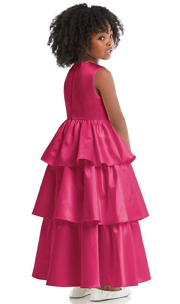 Back View - Posie Jewel Neck Tiered Skirt Satin Flower Girl Dress