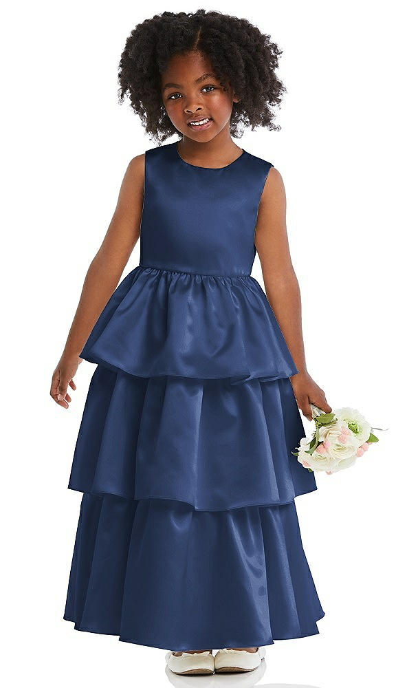 Front View - Sailor Jewel Neck Tiered Skirt Satin Flower Girl Dress