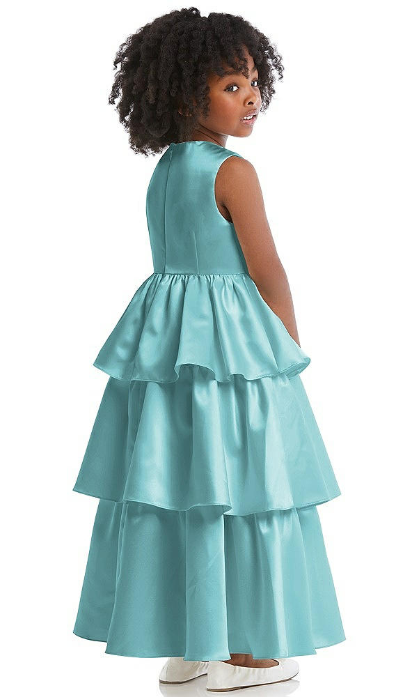 Back View - Spa Jewel Neck Tiered Skirt Satin Flower Girl Dress