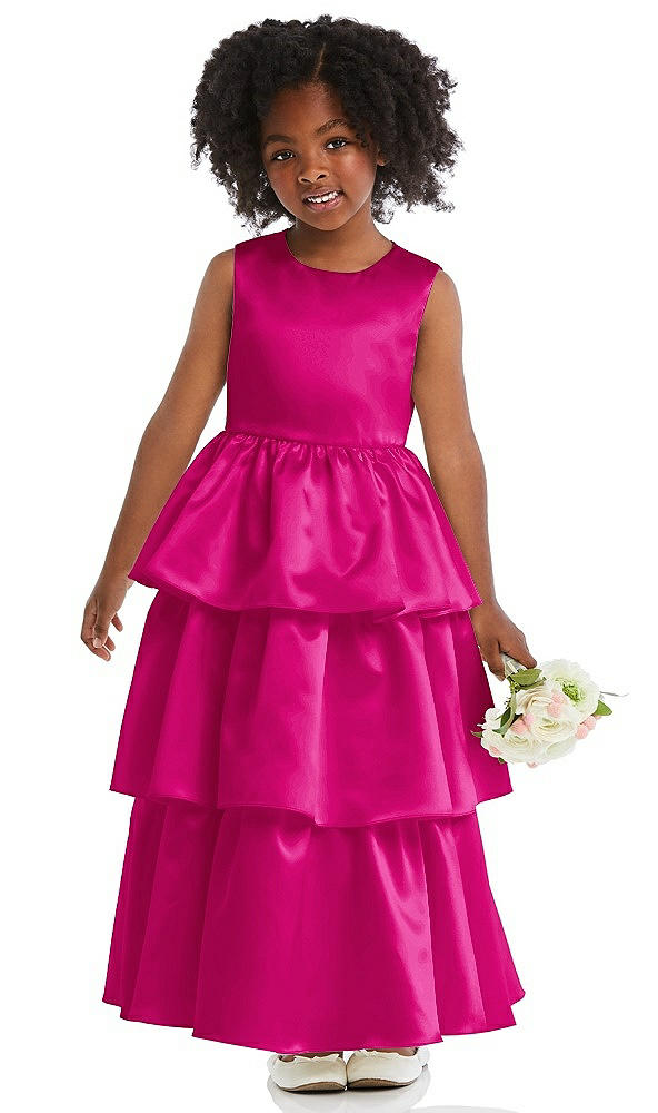 Front View - Think Pink Jewel Neck Tiered Skirt Satin Flower Girl Dress