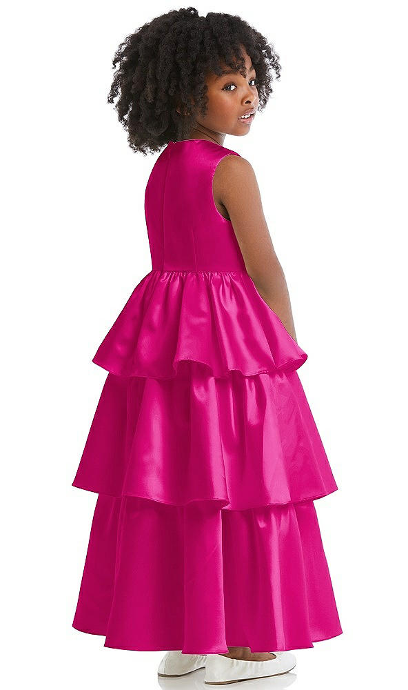 Back View - Think Pink Jewel Neck Tiered Skirt Satin Flower Girl Dress