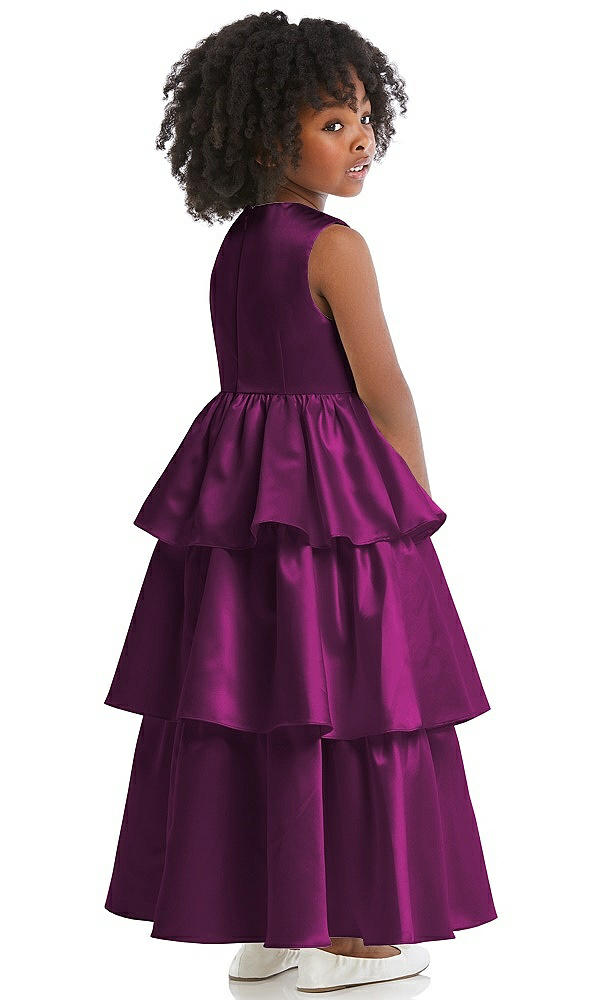 Back View - Wild Berry Jewel Neck Tiered Skirt Satin Flower Girl Dress