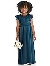 Front View Thumbnail - Atlantic Blue Ruffle Flutter Sleeve Whisper Satin Flower Girl Dress