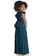 Rear View Thumbnail - Atlantic Blue Ruffle Flutter Sleeve Whisper Satin Flower Girl Dress