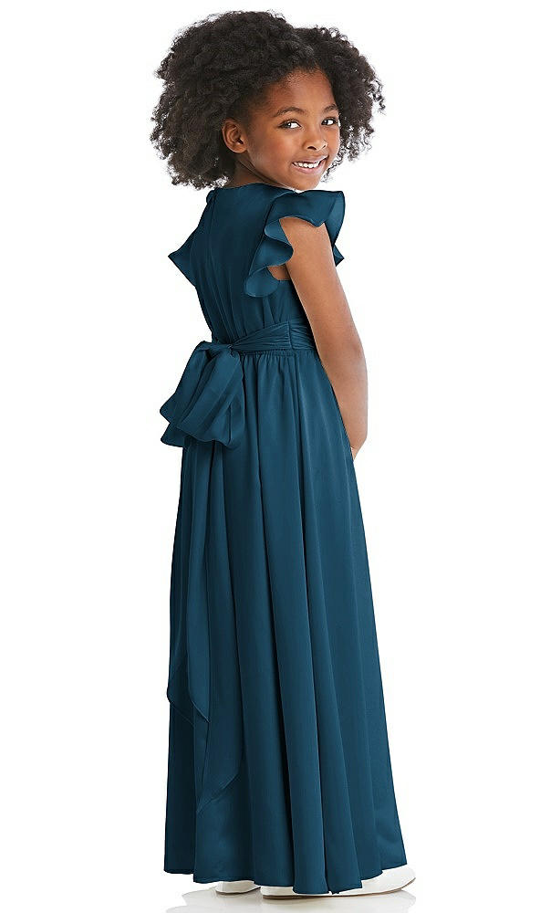 Back View - Atlantic Blue Ruffle Flutter Sleeve Whisper Satin Flower Girl Dress