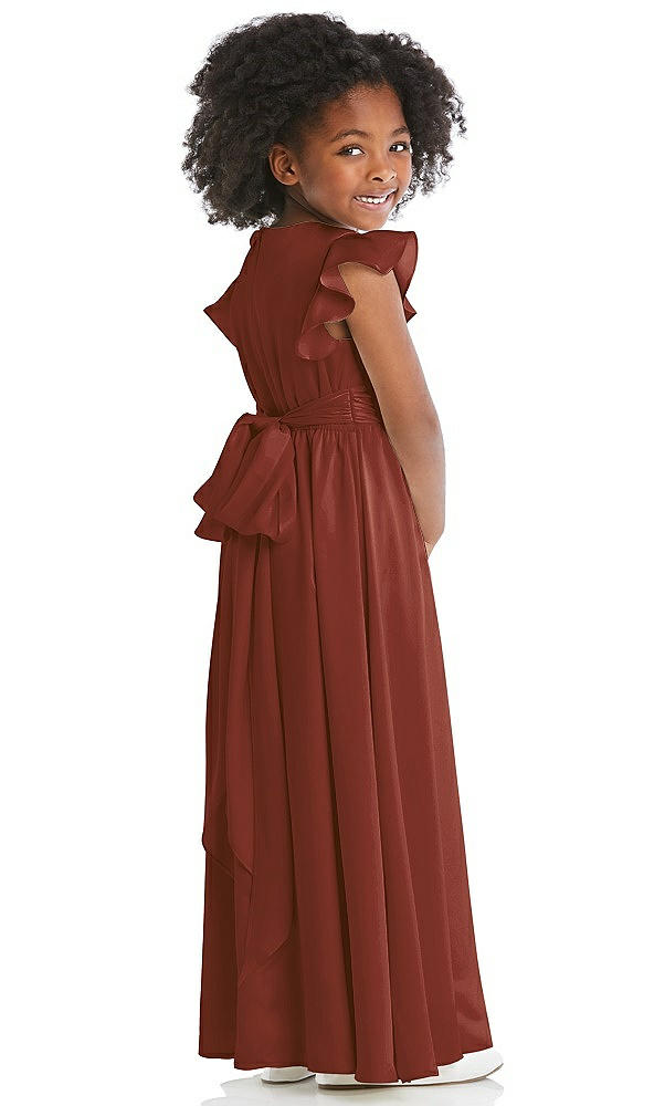 Back View - Auburn Moon Ruffle Flutter Sleeve Whisper Satin Flower Girl Dress