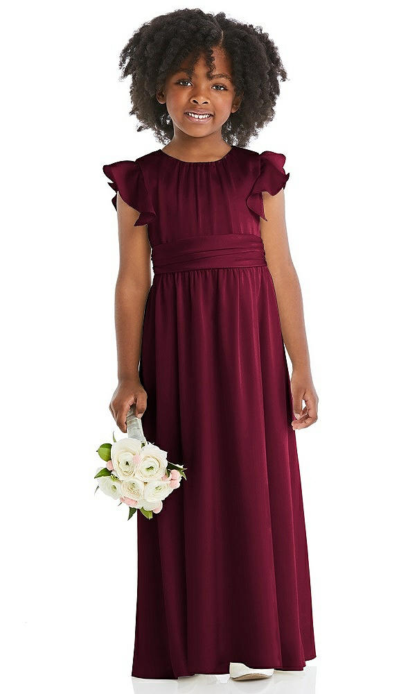 Front View - Cabernet Ruffle Flutter Sleeve Whisper Satin Flower Girl Dress