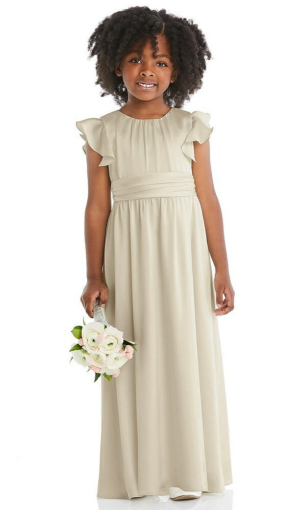 Front View - Champagne Ruffle Flutter Sleeve Whisper Satin Flower Girl Dress