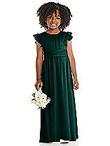 Front View Thumbnail - Evergreen Ruffle Flutter Sleeve Whisper Satin Flower Girl Dress