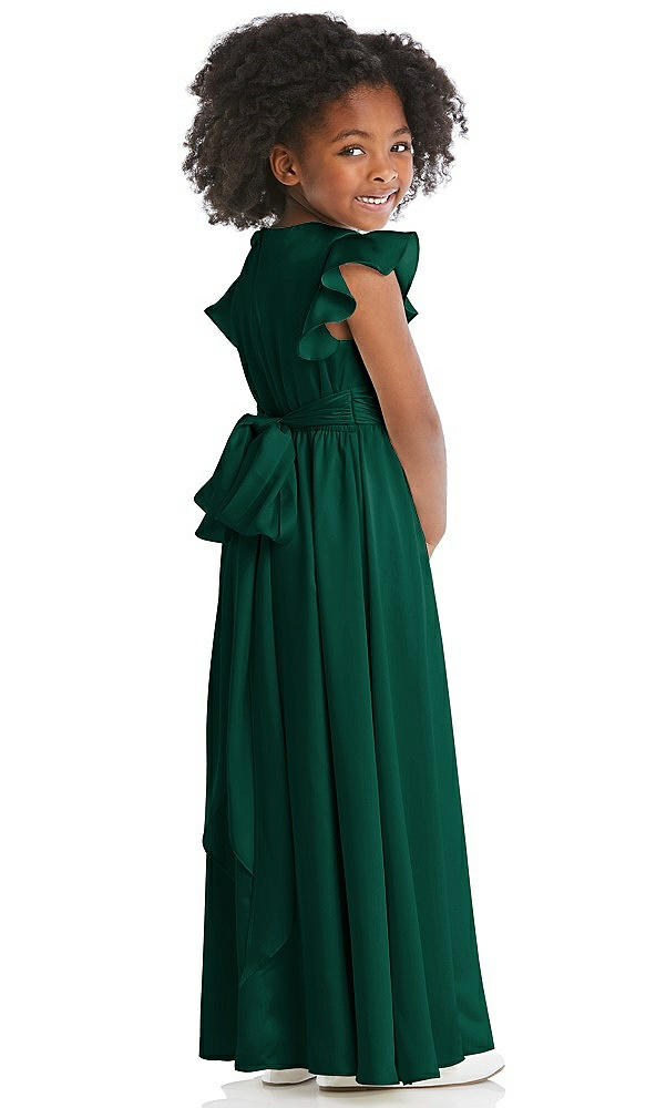 Back View - Hunter Green Ruffle Flutter Sleeve Whisper Satin Flower Girl Dress