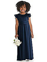 Front View Thumbnail - Midnight Navy Ruffle Flutter Sleeve Whisper Satin Flower Girl Dress