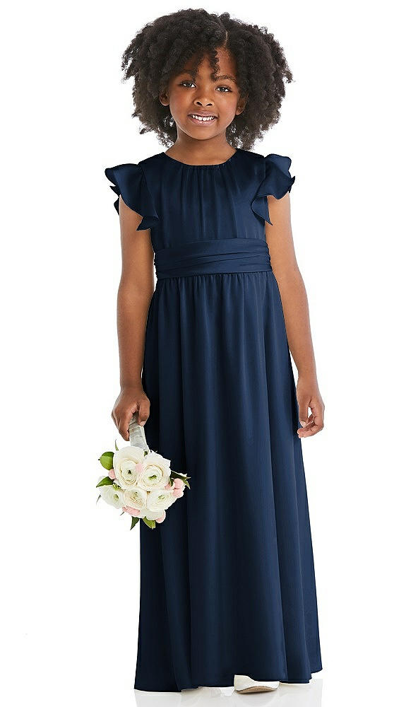 Front View - Midnight Navy Ruffle Flutter Sleeve Whisper Satin Flower Girl Dress