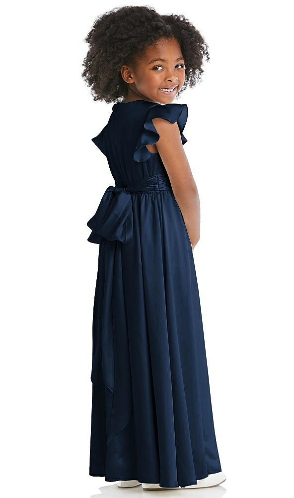 Back View - Midnight Navy Ruffle Flutter Sleeve Whisper Satin Flower Girl Dress