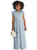 Front View Thumbnail - Mist Ruffle Flutter Sleeve Whisper Satin Flower Girl Dress