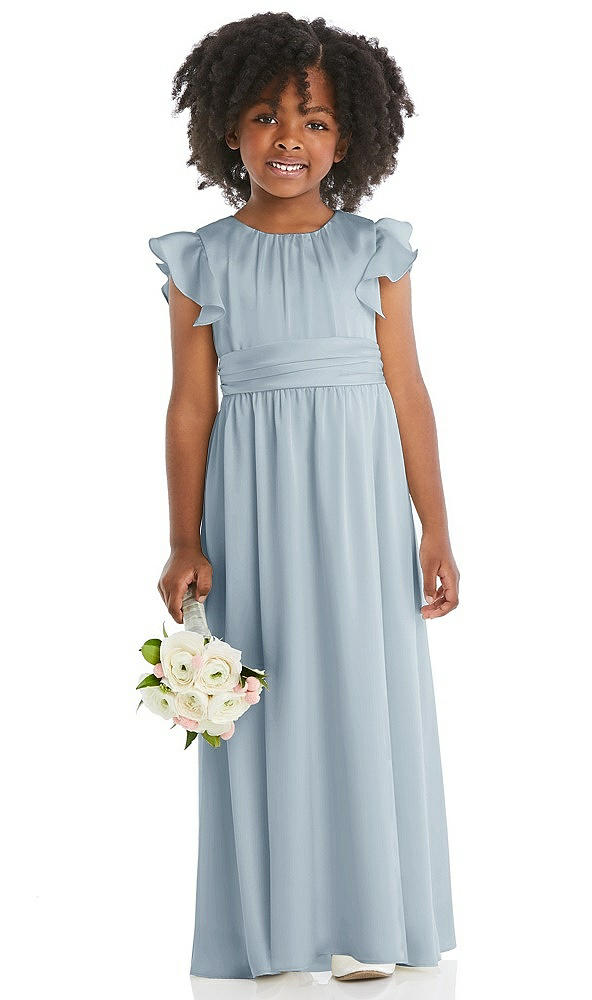 Front View - Mist Ruffle Flutter Sleeve Whisper Satin Flower Girl Dress