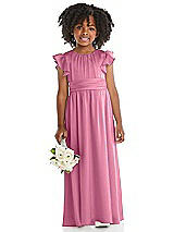 Front View Thumbnail - Orchid Pink Ruffle Flutter Sleeve Whisper Satin Flower Girl Dress