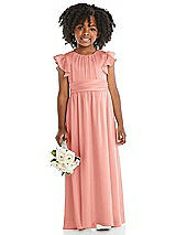 Front View Thumbnail - Rose - PANTONE Rose Quartz Ruffle Flutter Sleeve Whisper Satin Flower Girl Dress