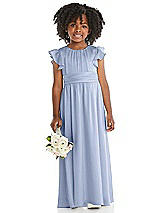 Front View Thumbnail - Sky Blue Ruffle Flutter Sleeve Whisper Satin Flower Girl Dress