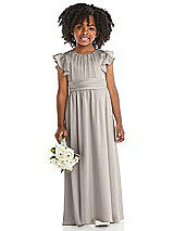 Front View Thumbnail - Taupe Ruffle Flutter Sleeve Whisper Satin Flower Girl Dress