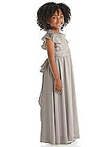 Side View Thumbnail - Taupe Ruffle Flutter Sleeve Whisper Satin Flower Girl Dress