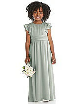 Front View Thumbnail - Willow Green Ruffle Flutter Sleeve Whisper Satin Flower Girl Dress